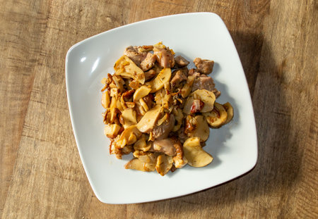 Homemade turkey and porcini sautÃ©. SautÃ©ed turkey meat, boletus, onion and almonds cooked in olive oil.の写真素材