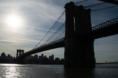 Silhouette of the Brooklyn Bridge from the Manhattan skyline at sunrise. Silhouette of one of the most iconic bridges in New York that connects lower Manhattan to Brooklyn.の写真素材