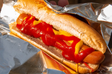 Hand holding a hot dog with ketchup and mustard and wrapped in foil. Fast food at a street stand on the Brooklyn Bridge in New York, USA. 2019.の写真素材