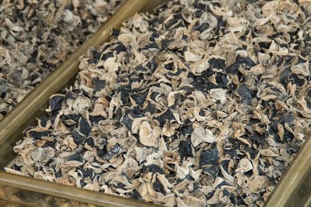 Mushrooms for sale outside an Asian grocery store. Traditional Chinese products store in New York City, USA.の写真素材