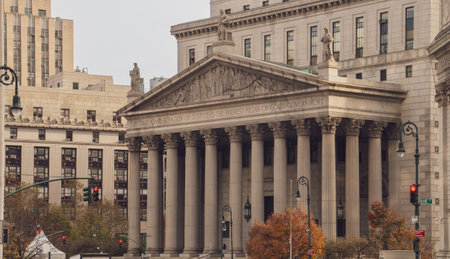 New York County Supreme Court at 60 Center St, New York City, USA. Cityscape of the streets of lower Manhattan and its skyscrapers.の写真素材