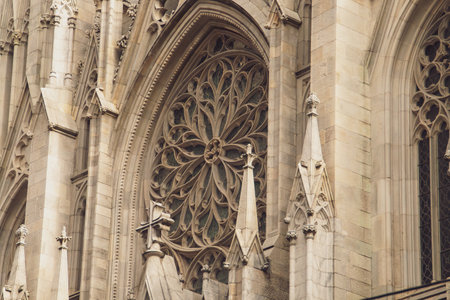 St. Patrick's Cathedral in New York City in autumn, USA. Details of the Gothic-style rose window of the cathedral located on Fifth Avenue.の写真素材