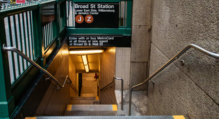 Subway entrance, Broad St. Station, next to 35 Broad St. in Manhattan, New York, USA. Access to the New York City subway's underground stairs.の写真素材