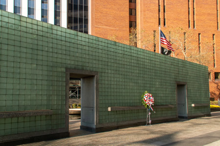 New York Vietnam Veterans Memorial Plaza Square in Manhattan, New York, USA. Memorial mural commemorating Vietnam War veterans in Manhattan's financial district.の写真素材