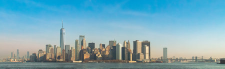Panoramic view of New York City from Staten Island, USA. Skyscrapers of the Financial District south of Manhattan Island.の写真素材