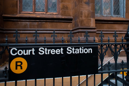 New York City subway access stairs, USA. Entrance to Court Street Station, at 116 Montague Street, November 11, 2019.の写真素材