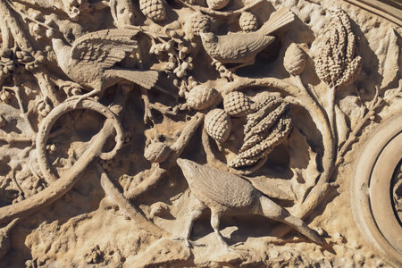 Details of a relief on the Bethesda Terrace in Central Park, New York, USA. Ornate relief with plant and bird motifs on the Bethesda Terrace staircase.の写真素材