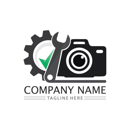 photography camera logo icon vector design template isolated on black backgroundのイラスト素材