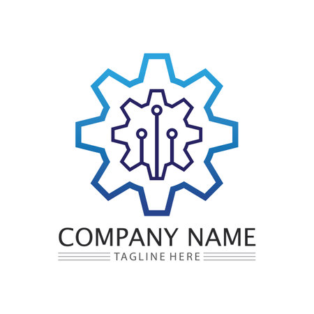 vector logo technology Digital tech vector business logo template concept illustration. Gear electronic factory sign. Cog wheel technology symbol SEO emblem Design elementのイラスト素材