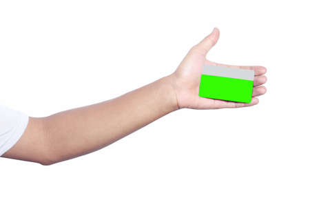 right hand holding credit card, isolated on white background の写真素材