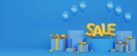 3d illustration of promotion sale with balloons gift and blue backgroundの写真素材