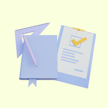 3d illustration simple object book,pen,checklist,ruler