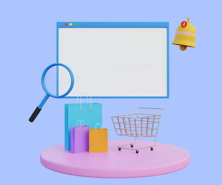 3d illustration web online shop with shopping cart,shopping bag,magnifying,bell and blue background