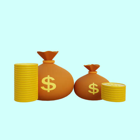 3d illustration saving money with money bag and stack of coin