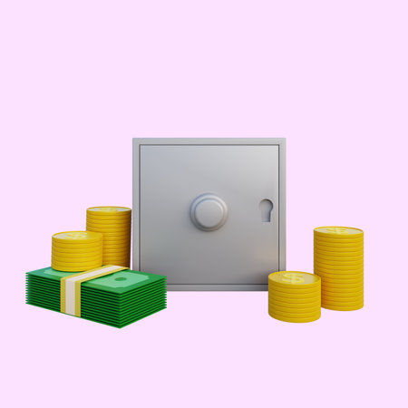 3d illustration saving money with banks safe,stack of coin,money sackの写真素材