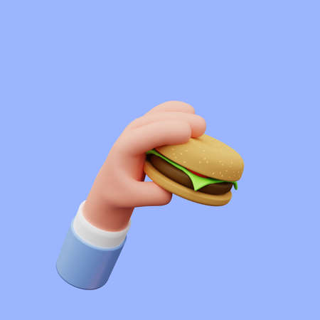 3d illustration of hand holding burgerの写真素材