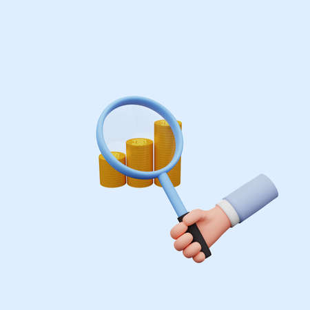 3d illustration of hand holding a magnifying glass to stack of coinの写真素材