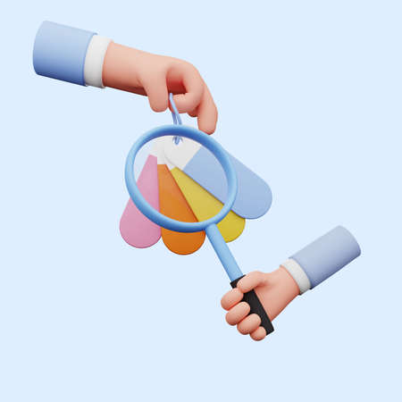 3d illustration of hand holding a magnifying glass to color tag