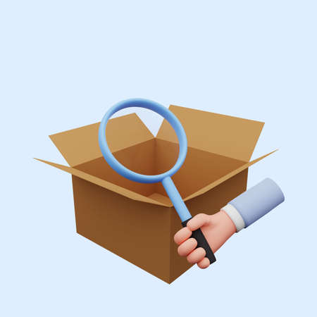 3d illustration of hand holding magnifying with cardboard opened