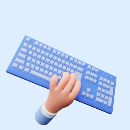 3d illustration of 3d hand holding keyboardの写真素材