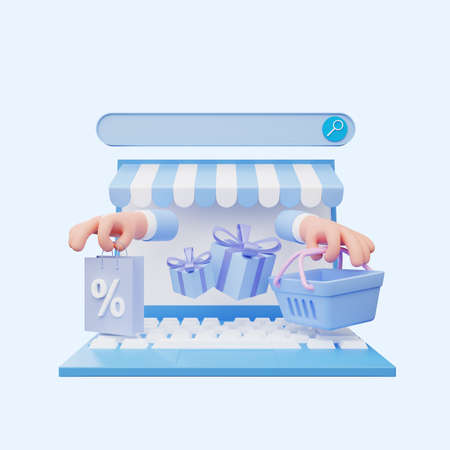 3d illustration of online shop on laptopの写真素材