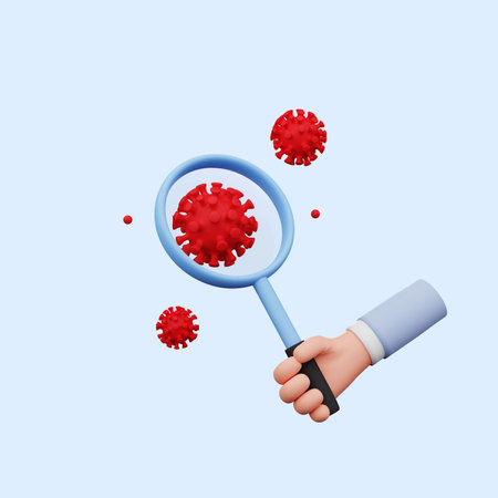 3d illustration of hand holding a magnifying glass to corona virusの写真素材