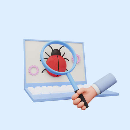3d illustration of hand holding a magnifying glass to bug on laptop