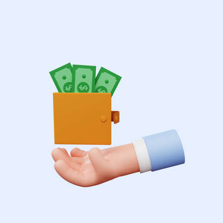 3d illustration of hand hand holding wallet with moneyの写真素材