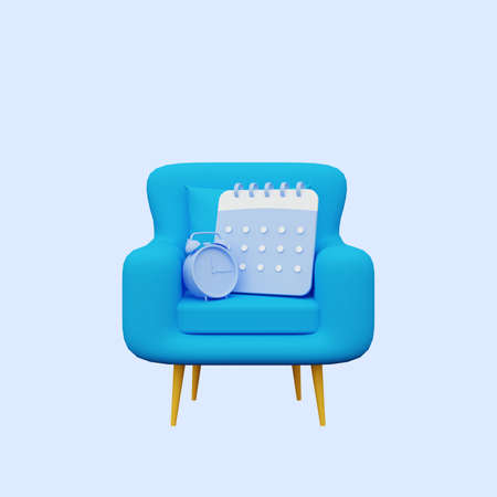 3d illustration of calendar and alarm clock on sofasの写真素材