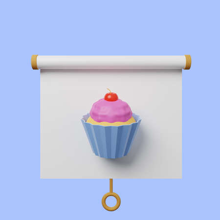 3d illustration of simple object presentation board front view with cup cake