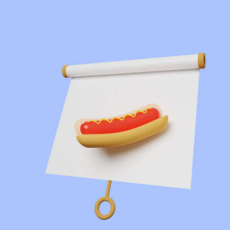 3d illustration of simple object presentation board slightly tilted view with hotdogの写真素材