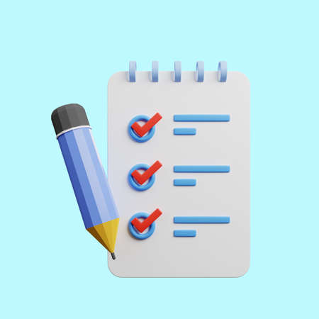 3d illustration of checklist concept with noted paper and pencilの写真素材