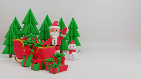 3d illustration merry christmas concept background with Santa Claus,gift box,tree,snow man,sleighの写真素材
