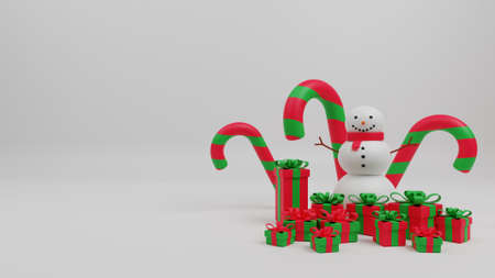 3d illustration merry christmas concept background with candy cane christmas,snow man, gift boxの写真素材