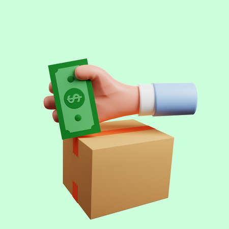 3d illustration of cash on delivery concept hand, money, boxの写真素材
