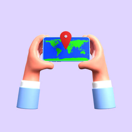 3d illustration of location map icon concept hand holding smartphone with pin