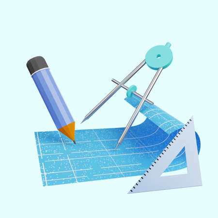 3d illustration of blueprint paper with orleon scale pencil and rulerの写真素材