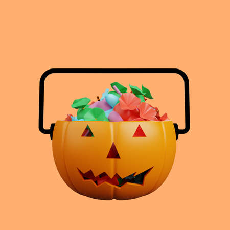 3d illustration of halloween concept pumpkin head with candy