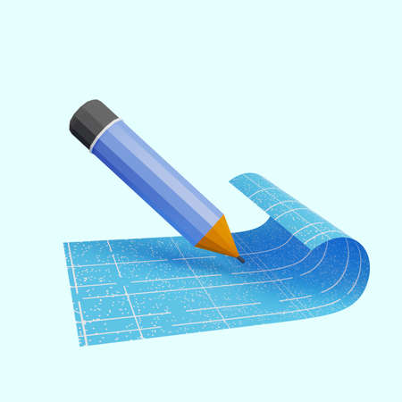3d illustration of pencil with blueprint paperの写真素材