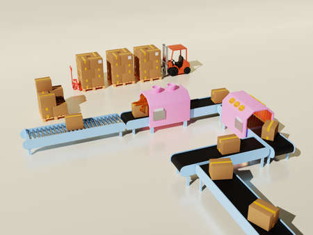 3d illustration concept of goods packing processの写真素材