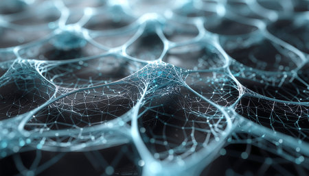 Abstract digital network of interconnected lines and nodes with a blurred background and futuristic lighting ideal for technology data and modern commercial design usesの素材