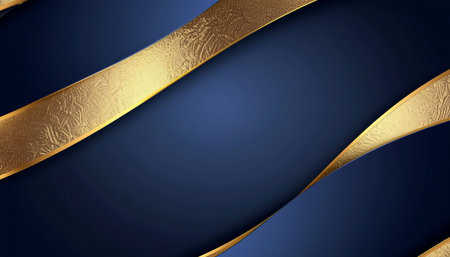 Abstract gold ribbon shapes on a deep blue background create a luxurious sense of movement and depth, ideal for promotional designs, branding, and editorial layouts.の素材