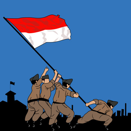 Indonesia soldiers with Indonesian flag on blue background, vector illustrationのイラスト素材