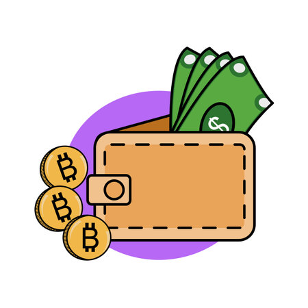 Wallet with money and coins. Vector illustration in a flat style.のイラスト素材