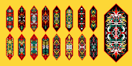 Colorful ethnic embroidery on yellow background. Set of vector illustration.のイラスト素材