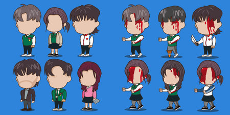 Vector illustration of school boy and girl cartoon character in different poses.のイラスト素材