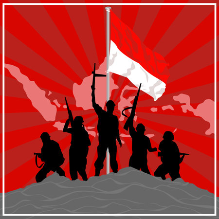 Silhouette of soldiers with Indonesia flag on red background vector illustrationのイラスト素材