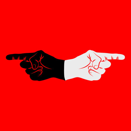 Vector illustration of a man pointing his fingers at something on a red backgroundのイラスト素材
