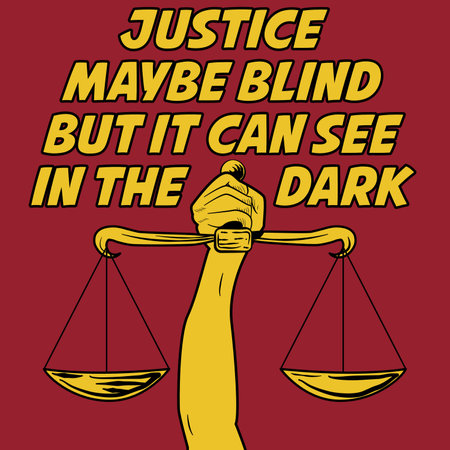 Hand holding a scale of justice and the words justice and the law is in the air.のイラスト素材
