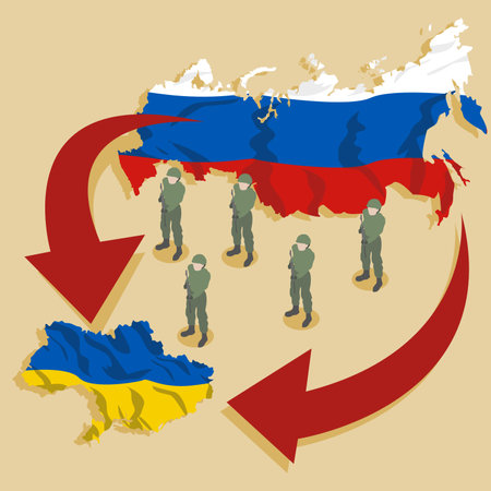 map of Russia and Ukraine with soldiers on the background of the flagのイラスト素材